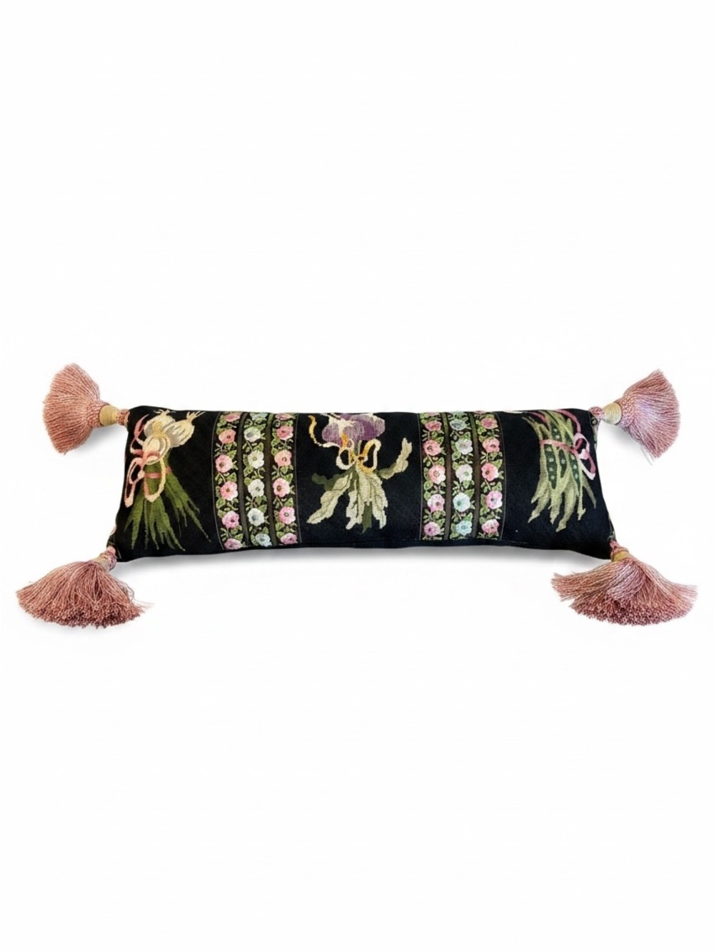Embroidered Floral Bolster Pillow with Tassels - Botanical Garden Cottagecore - Picture 2 of 8